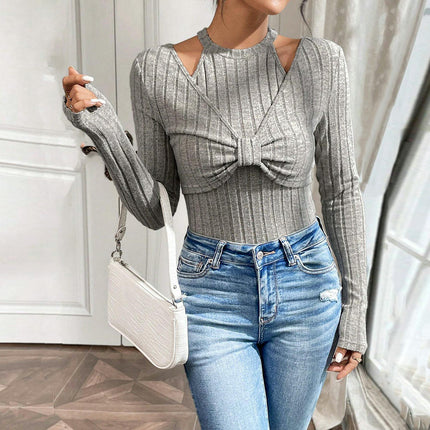 Women's Sexy Halter Lightweight Ribbed Knit Top Long Sleeve Cut Out Slim Fit T Shirt