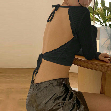 Women's Scoop Neck Tie Back Long Sleeve Lace Trim Crop Tops Backless Tee Shirt