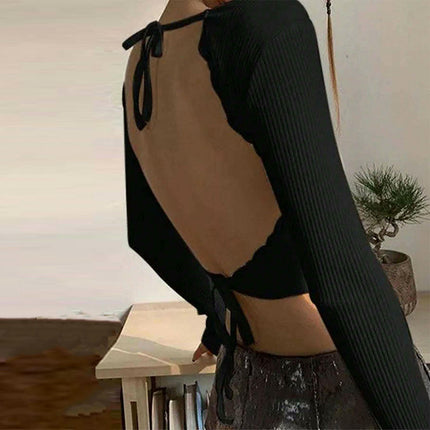 Women's Scoop Neck Tie Back Long Sleeve Lace Trim Crop Tops Backless Tee Shirt