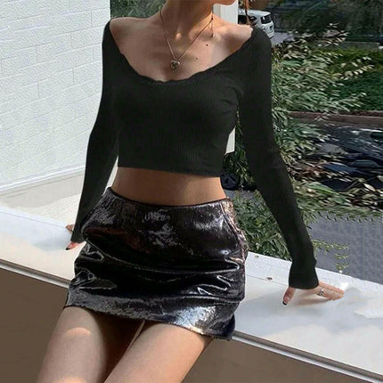 Women's Scoop Neck Tie Back Long Sleeve Lace Trim Crop Tops Backless Tee Shirt