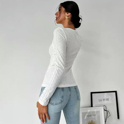 Womens Eyelet Long Sleeve Tops Cut Out Casual Crew Neck Slim Fit Shirts