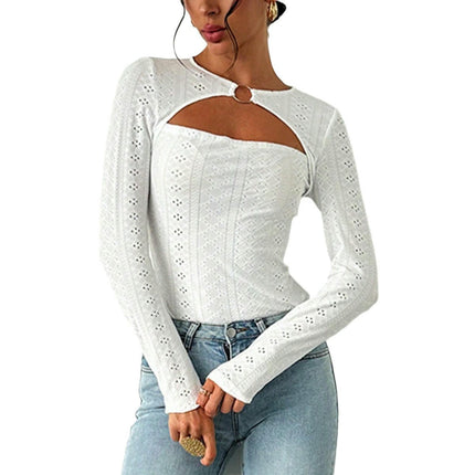 Womens Eyelet Long Sleeve Tops Cut Out Casual Crew Neck Slim Fit Shirts