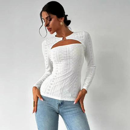 Womens Eyelet Long Sleeve Tops Cut Out Casual Crew Neck Slim Fit Shirts