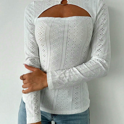 Womens Eyelet Long Sleeve Tops Cut Out Casual Crew Neck Slim Fit Shirts