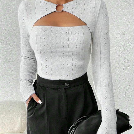 Womens Eyelet Long Sleeve Tops Cut Out Casual Crew Neck Slim Fit Shirts