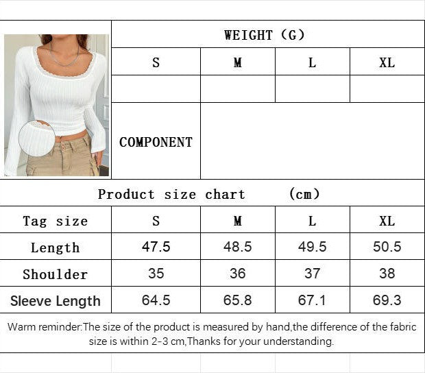 Women Lace Trim Scoop Neck Long Sleeve T-Shirts Slim Fit Crop Tops