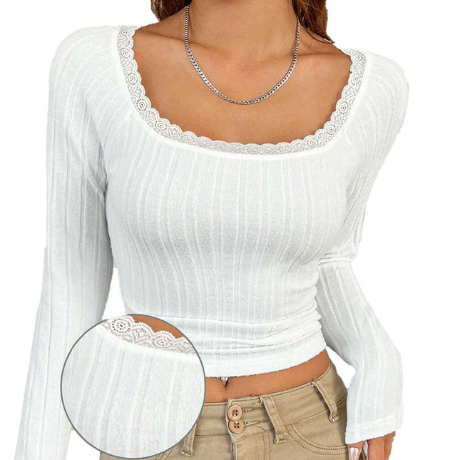 Women Lace Trim Scoop Neck Long Sleeve T-Shirts Slim Fit Crop Tops