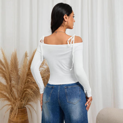 Womens Tie Off The Shoulder Crop Tops Long Sleeve Slim Fit Going Out T Shirts