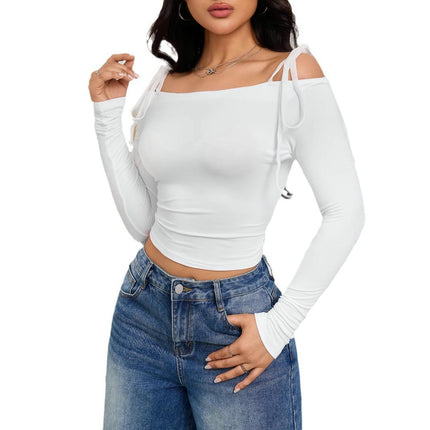 Womens Tie Off The Shoulder Crop Tops Long Sleeve Slim Fit Going Out T Shirts