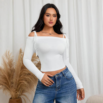Womens Tie Off The Shoulder Crop Tops Long Sleeve Slim Fit Going Out T Shirts