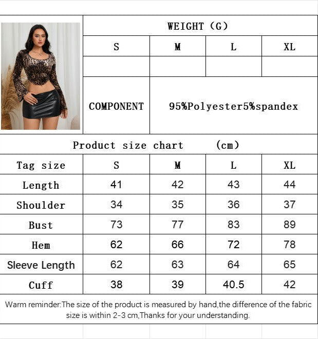 Womens Bell Long Sleeve Scoop Neck Shirts Leopard print Going Out Slim Fit Crop Tops