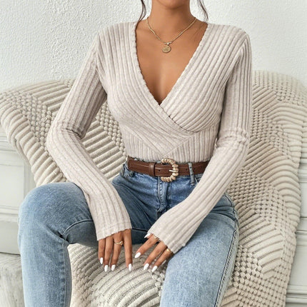 Women's Cross Wrap Ruched Sexy V Neck Sweater Slim Long Sleeve T Shirt Tunic Tops