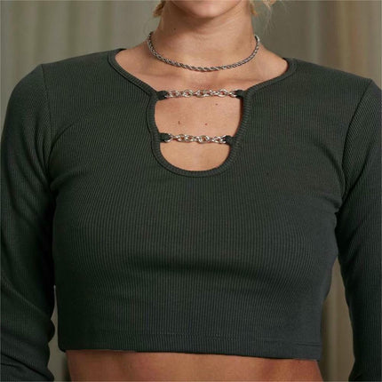 Women's Cutout Crop Tops Basic Long Sleeve Round Neck Slim Fit T-Shirts
