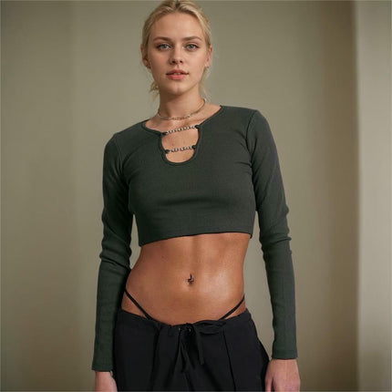 Women's Cutout Crop Tops Basic Long Sleeve Round Neck Slim Fit T-Shirts