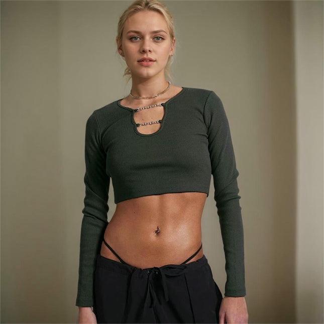 Women's Cutout Crop Tops Basic Long Sleeve Round Neck Slim Fit T-Shirts