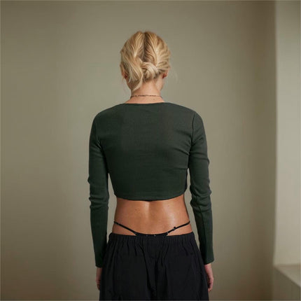Women's Cutout Crop Tops Basic Long Sleeve Round Neck Slim Fit T-Shirts