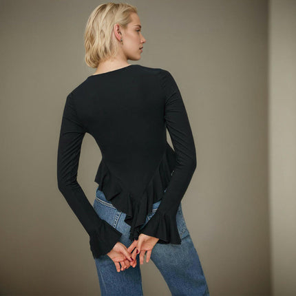 Women's V Neck Bell Long Sleeve Blouse Asymmetric Peplum Ruffle Hem Tunic Top