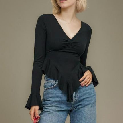 Women's V Neck Bell Long Sleeve Blouse Asymmetric Peplum Ruffle Hem Tunic Top