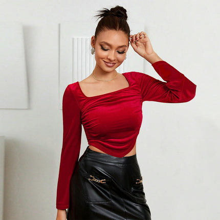 Long Sleeve Crop Tops for Women Slim Fit Square Neck Ruched Blouse Party Velvet Top