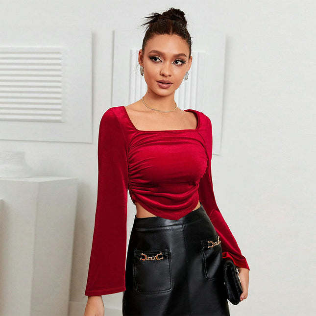 Long Sleeve Crop Tops for Women Slim Fit Square Neck Ruched Blouse Party Velvet Top