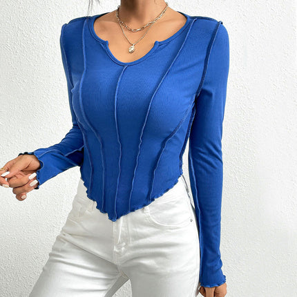Women's Long Sleeve Lettuce Trim Crop Top V Neck Asymmetrical Hem Slim Fit T Shirt