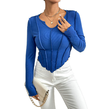 Women's Long Sleeve Lettuce Trim Crop Top V Neck Asymmetrical Hem Slim Fit T Shirt