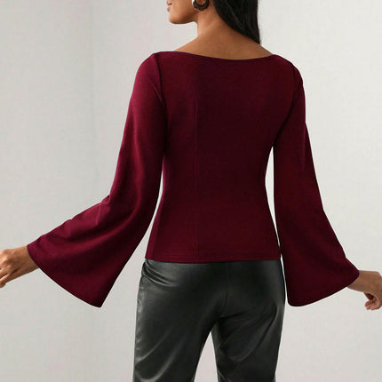 Women's Bell Long Sleeve Slim Fit Crop Top Cut Out Sweetheart Neck T Shirt