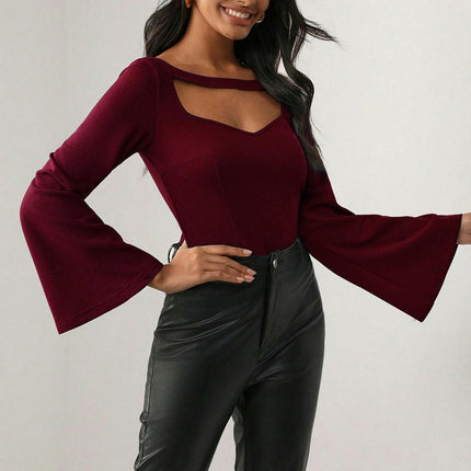 Women's Bell Long Sleeve Slim Fit Crop Top Cut Out Sweetheart Neck T Shirt