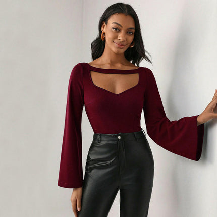 Women's Bell Long Sleeve Slim Fit Crop Top Cut Out Sweetheart Neck T Shirt