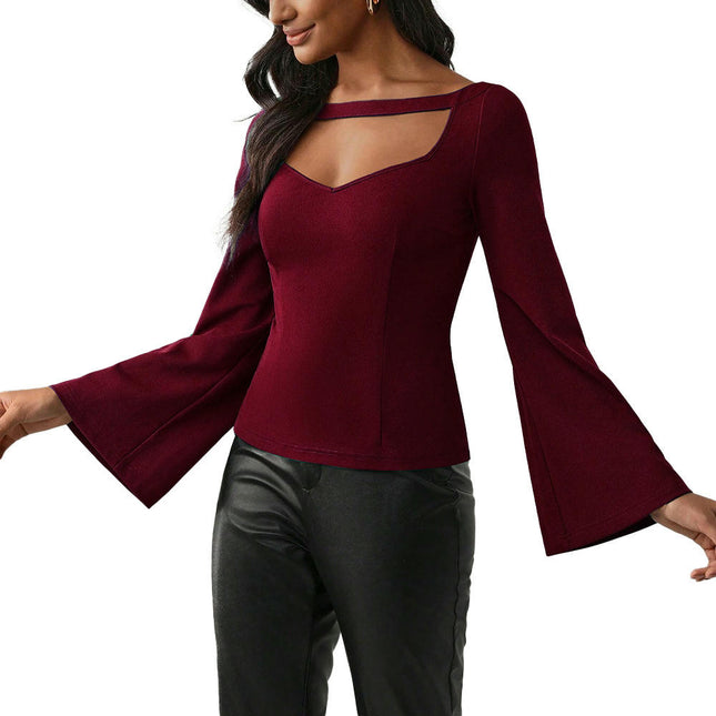 Women's Bell Long Sleeve Slim Fit Crop Top Cut Out Sweetheart Neck T Shirt