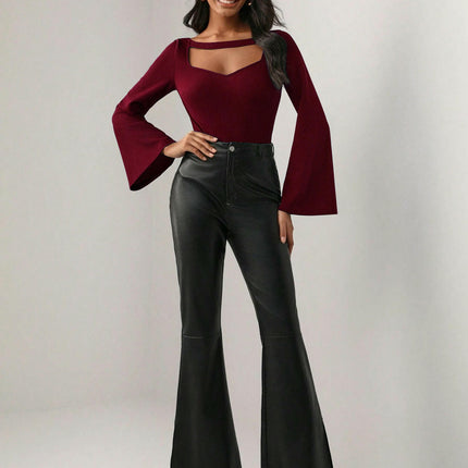 Women's Bell Long Sleeve Slim Fit Crop Top Cut Out Sweetheart Neck T Shirt