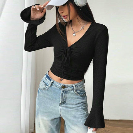 Women's Sexy Tie V Neck Bell Long Sleeve Slim Fitted T Shirts Going Out Crop Tops
