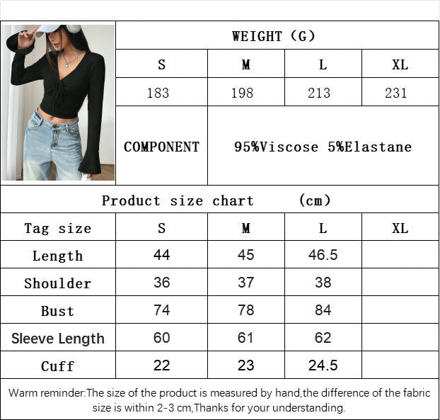 Women's Sexy Tie V Neck Bell Long Sleeve Slim Fitted T Shirts Going Out Crop Tops
