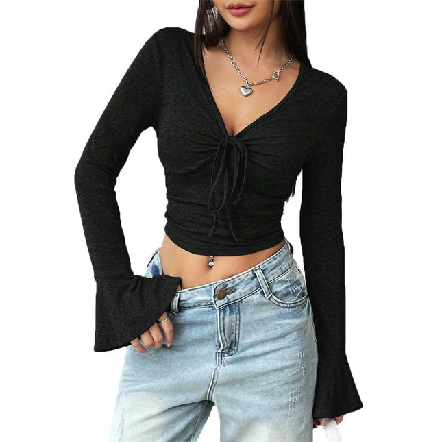 Women's Sexy Tie V Neck Bell Long Sleeve Slim Fitted T Shirts Going Out Crop Tops