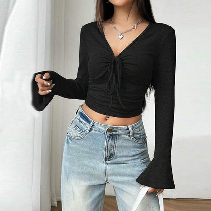 Women's Sexy Tie V Neck Bell Long Sleeve Slim Fitted T Shirts Going Out Crop Tops