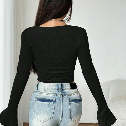 Women's Sexy Tie V Neck Bell Long Sleeve Slim Fitted T Shirts Going Out Crop Tops