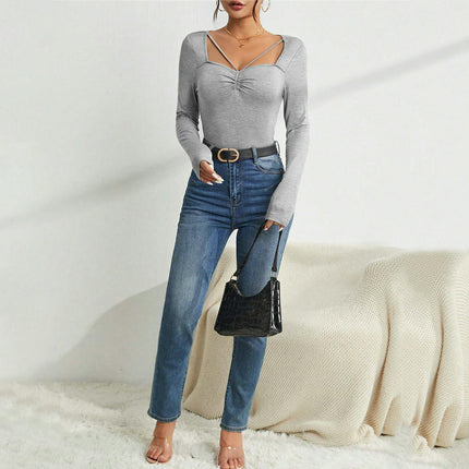 Women's Sexy Square Neck Long Sleeve Going Out T Shirt Crop Top