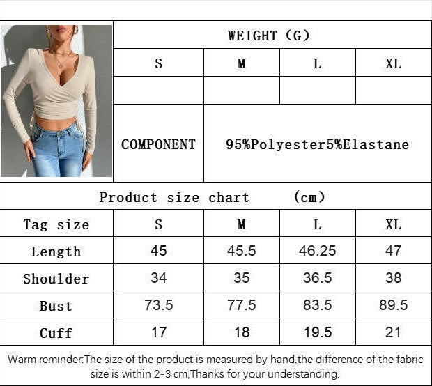 Women's V Neck T Shirts Drawstring Ruched Long Sleeve Slim Fit Crop Top