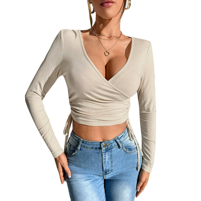 Women's V Neck T Shirts Drawstring Ruched Long Sleeve Slim Fit Crop Top