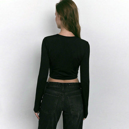 Women's Long Sleeve Crop Top Cut Out Crew Neck Fitted Sexy Casual T-Shirt