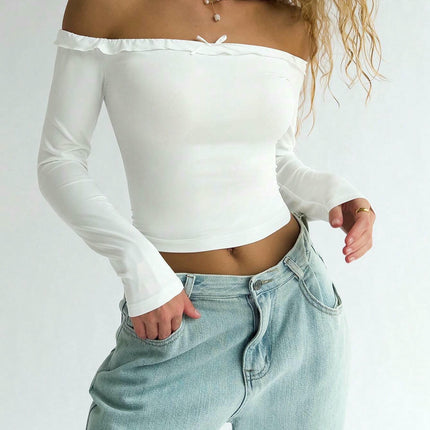 Womens Ruffle Off The Shoulder Shirts Fall Long Sleeve Going Out Slim Fit Crop Tops