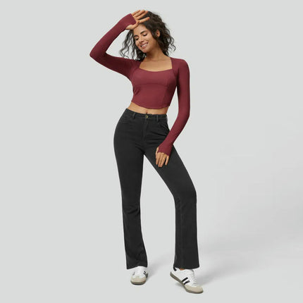 Women's Square Neck Long Sleeve Sexy Crop Tops Backless Going Out Tee Shirt