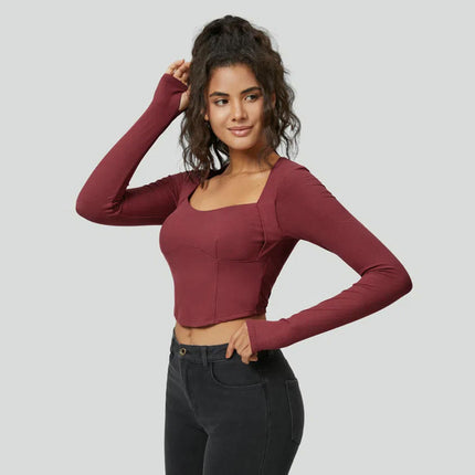 Women's Square Neck Long Sleeve Sexy Crop Tops Backless Going Out Tee Shirt