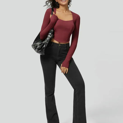 Women's Square Neck Long Sleeve Sexy Crop Tops Backless Going Out Tee Shirt