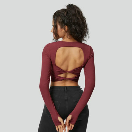 Women's Square Neck Long Sleeve Sexy Crop Tops Backless Going Out Tee Shirt