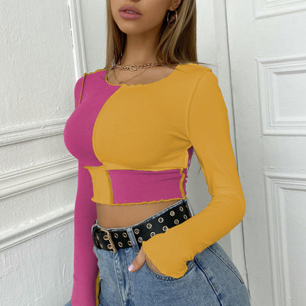 Women's Colorblock Slim Fit Crop Top Long Sleeve Round Neck Casual T-shirt