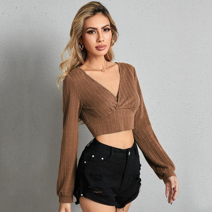 Women's Long Sleeve V Neck Crop Top Lantern Sleeve Slim Fit Going Out Shirts