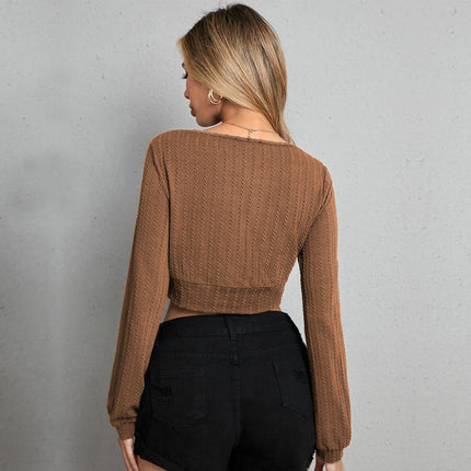 Women's Long Sleeve V Neck Crop Top Lantern Sleeve Slim Fit Going Out Shirts