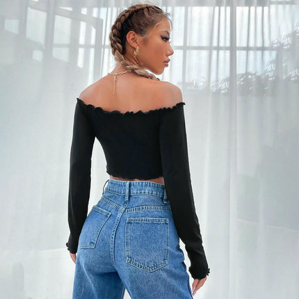 Women's Lettuce Trim Off Shoulder T Shirts Long Sleeve Slim Fitted Crop Top