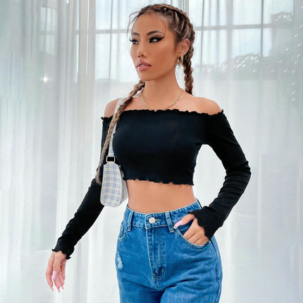 Women's Lettuce Trim Off Shoulder T Shirts Long Sleeve Slim Fitted Crop Top